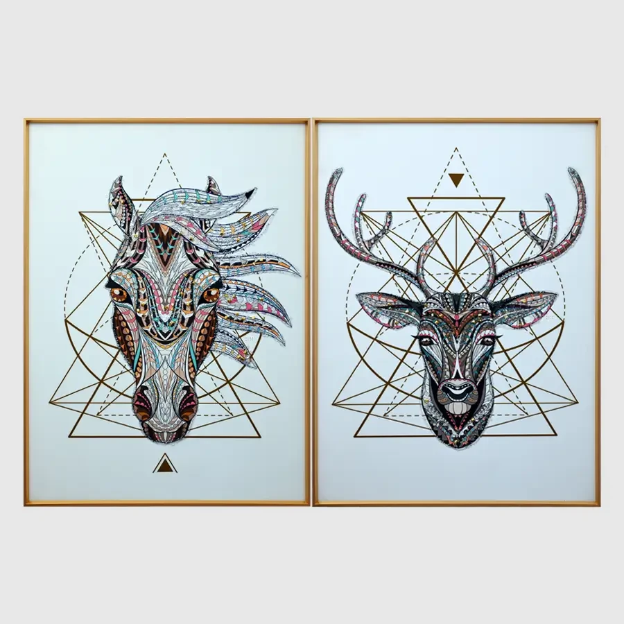 Idiosyncratic Horse And Deer Crystal Painting - Set of 2pc