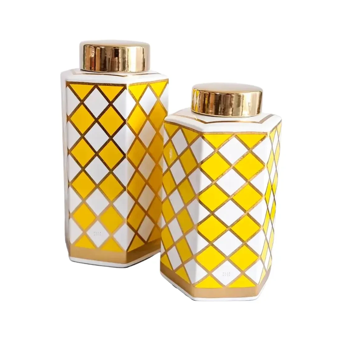 Yellow & White Checks Pattern Ceramic Vases