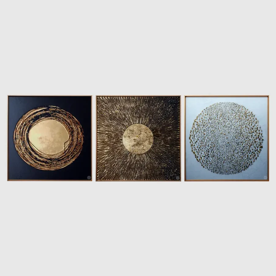 Golden & Black Spheroidal Crystal Painting - Set of 3pc
