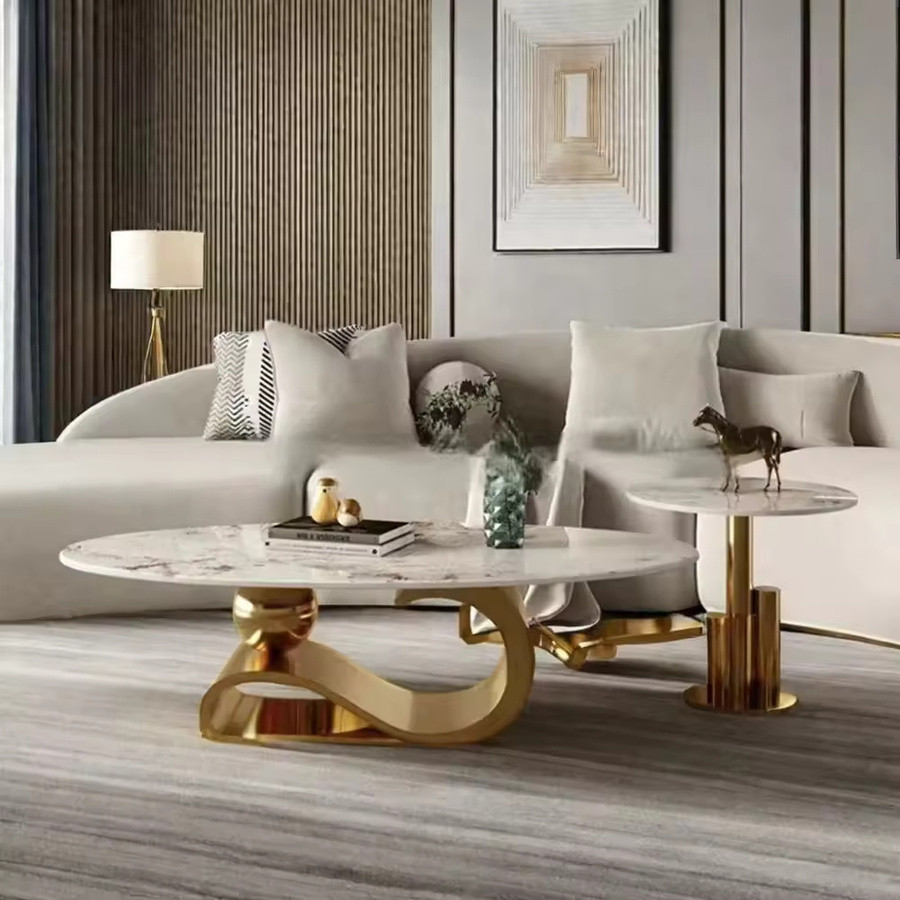 Luxury Living Room Coffee Table Marble Top Stainless Steel Gold Ball Base Design